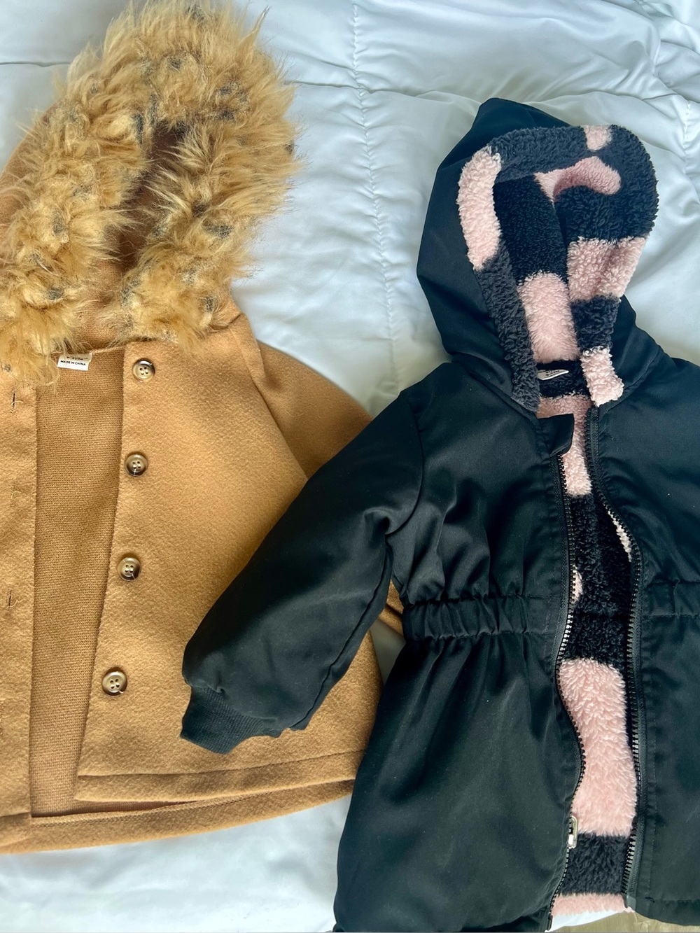 2pc Baby Girl Coat Bundle SHEIN 9-12M Black Fleece + Brown Faux Fur Hood A-Line